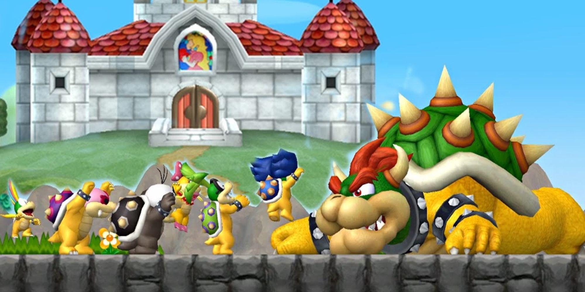 A defeated Bowser staring at cheering Koopalings