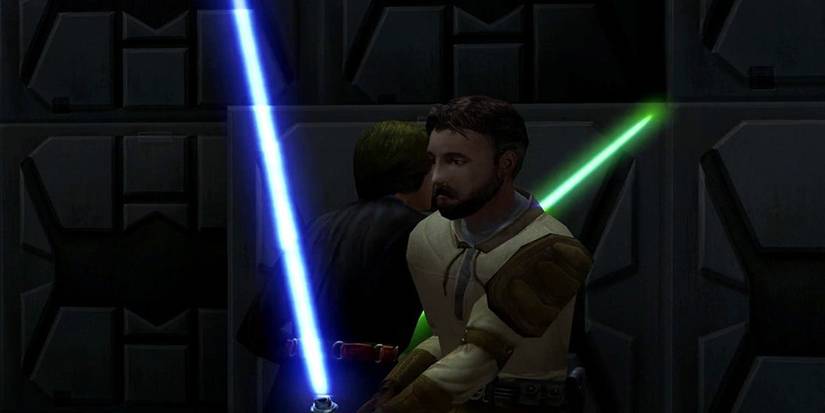 Kyle Katarn and Luke Skywalker wielding lightsabers