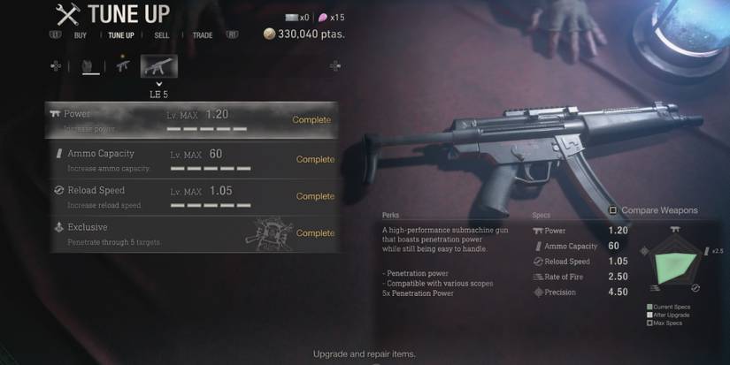 The LE 5 in the Tune Up menu in Resident Evil 4 remake