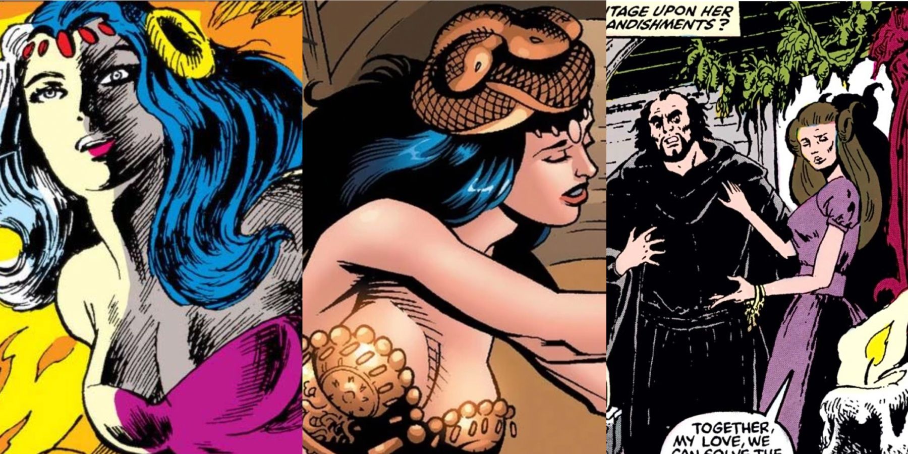 A split image depicts three illustrations of Lilia Calderu in Marvel Comics