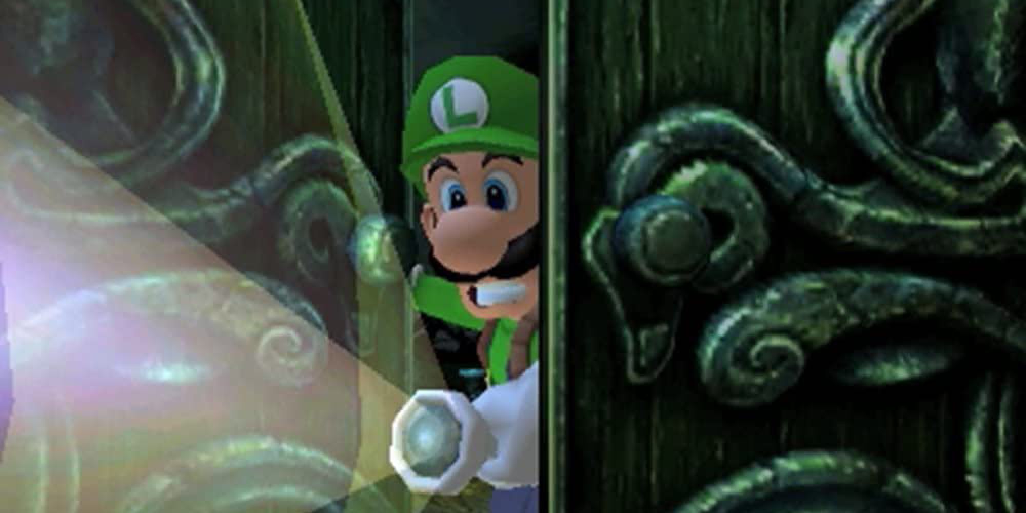 Luigi poking his head through the door to the mansion, a flashlight in his hand and his teeth grit in fear. 