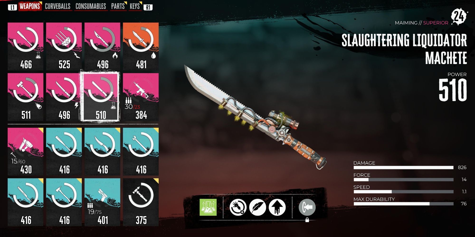 Machete in the player's inventory in Dead Island 2