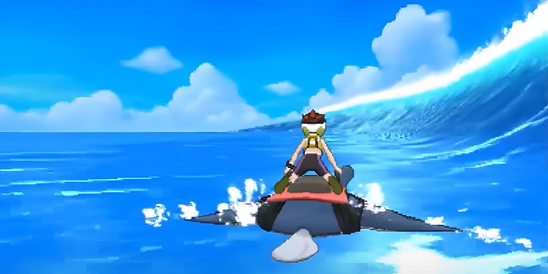 A trainer surfing on a Mantine in Pokemon Ultra Sun and Ultra Moon