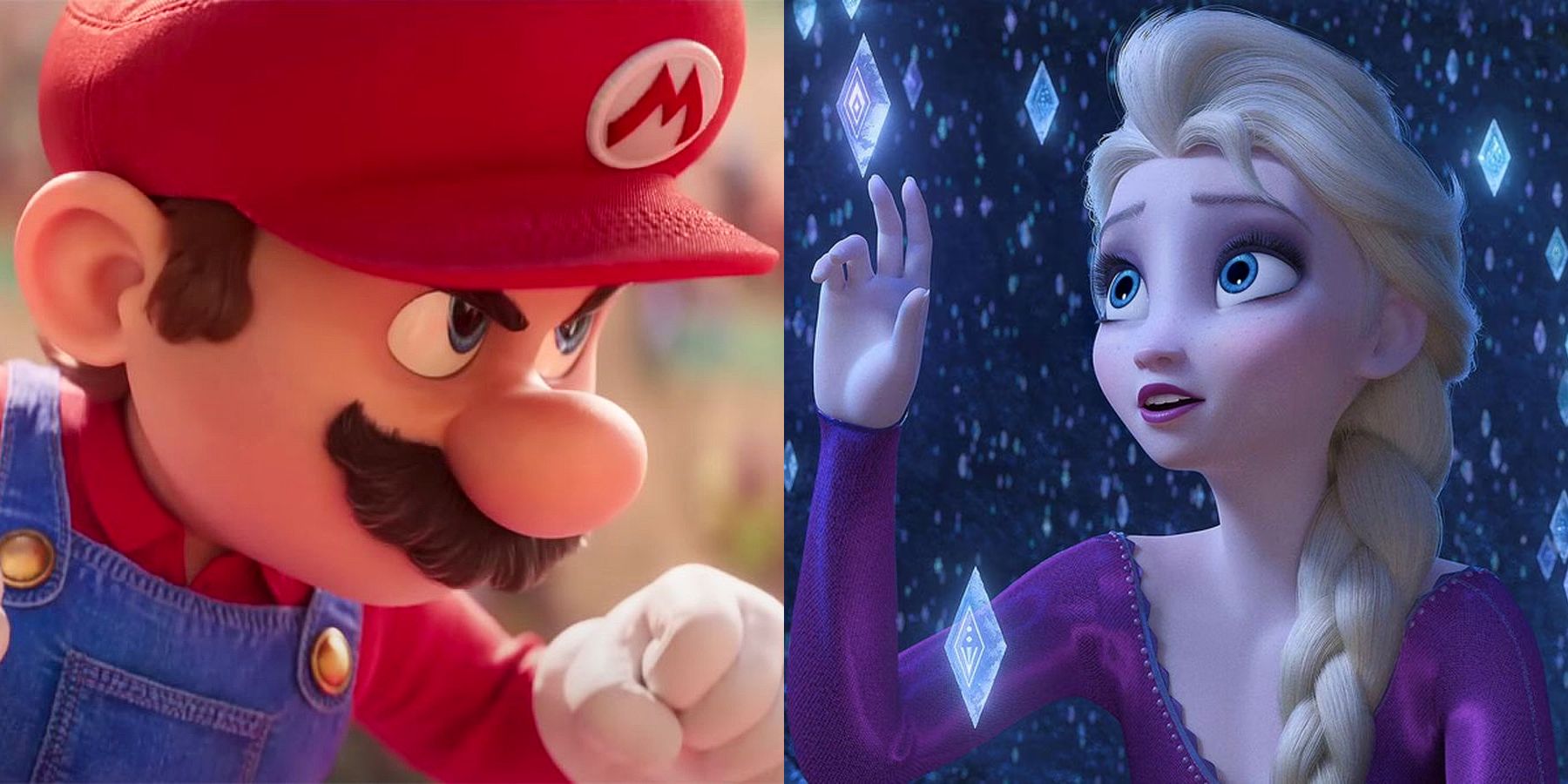 Super Mario challenging look and Elsa in Frozen 2 split image