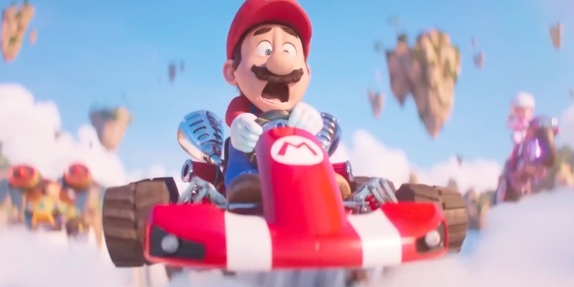 Mario driving a kart in The Super Mario Bros. Movie