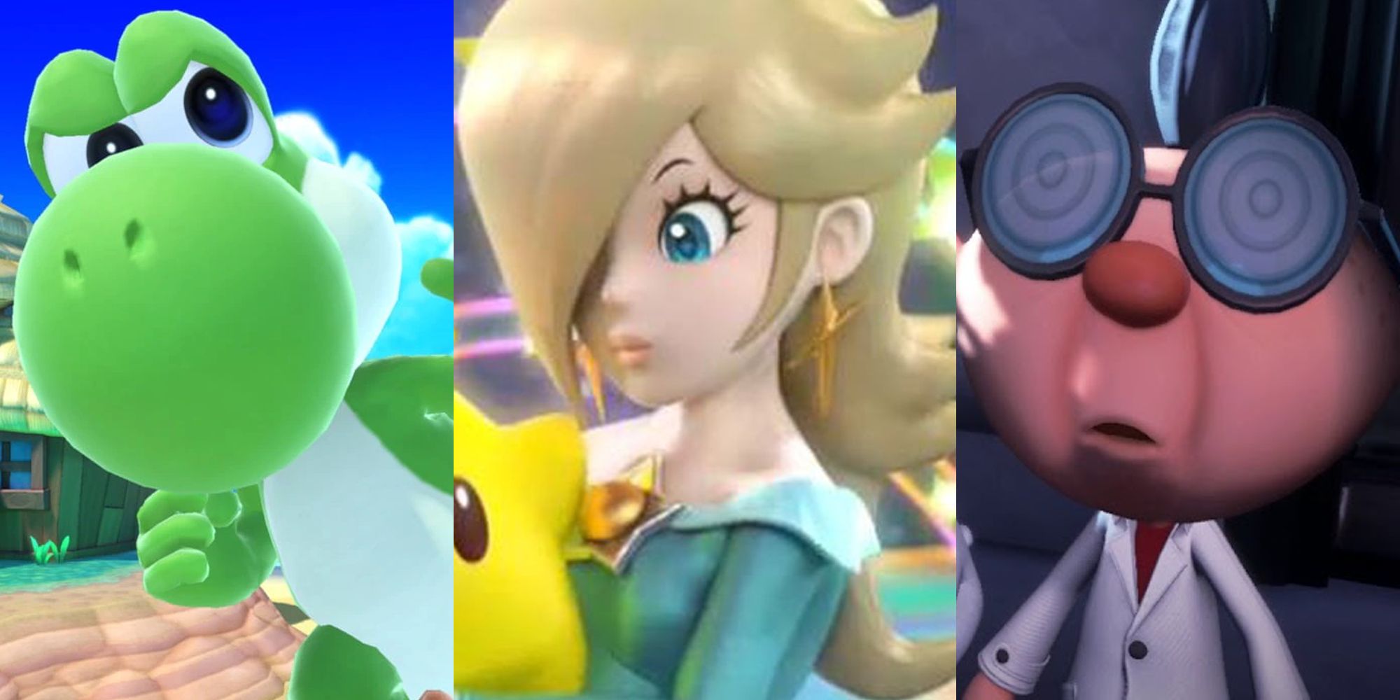 Yoshi in Smash Bros; Rosalina holding Luma; a scared E. Gadd