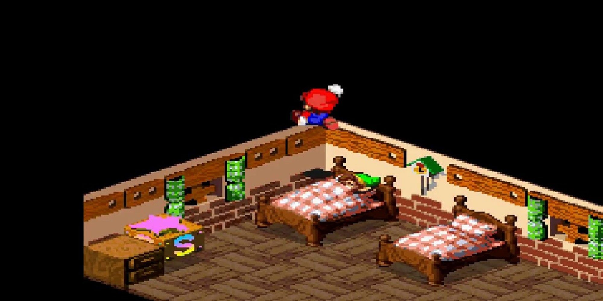 mario jumping above link sleeping in a bed