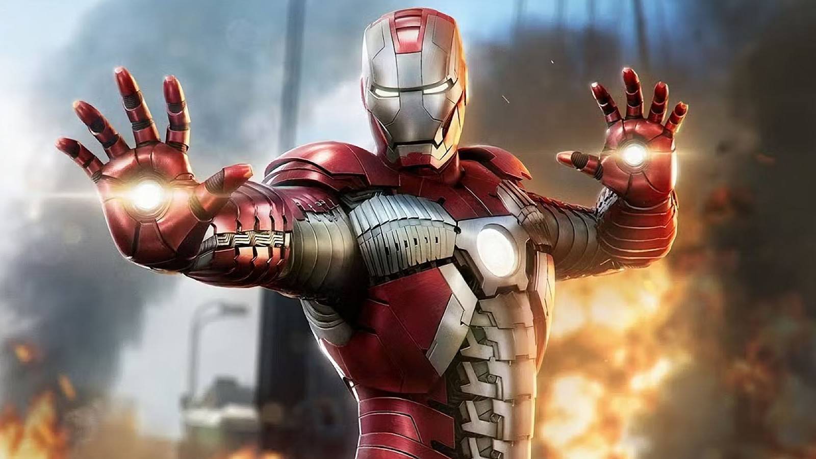A screenshot of Iron Man wearing his Mark 5 armor from Iron Man 2 in Marvel's Avengers.