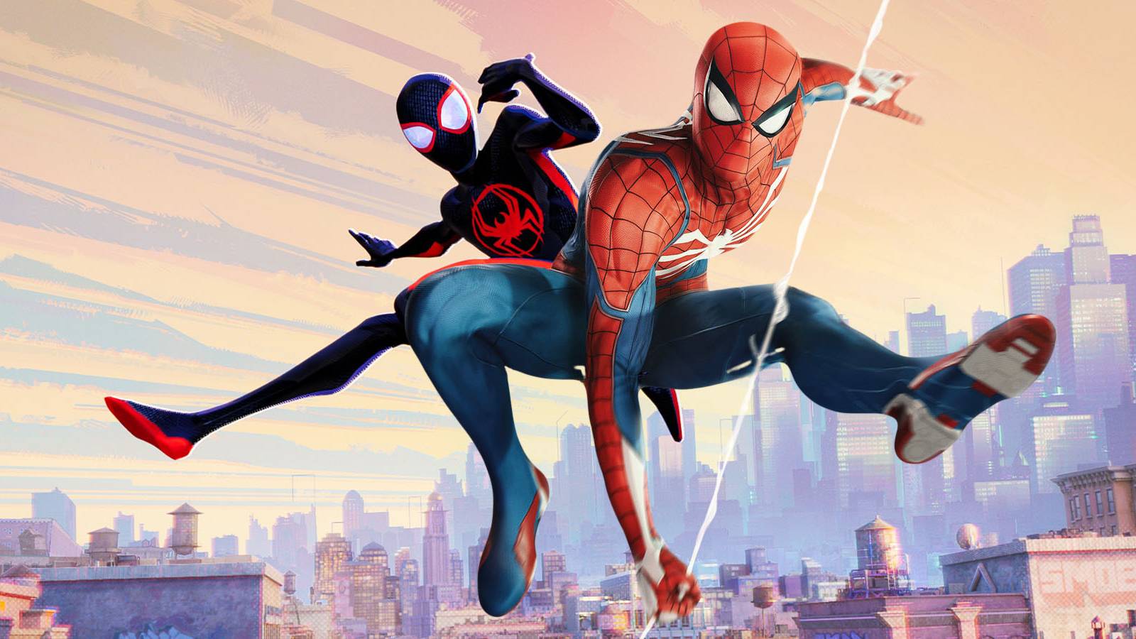 A screenshot of Peter Parker and Miles Morales swinging together in Spider-Man: Across The Spider-Verse.