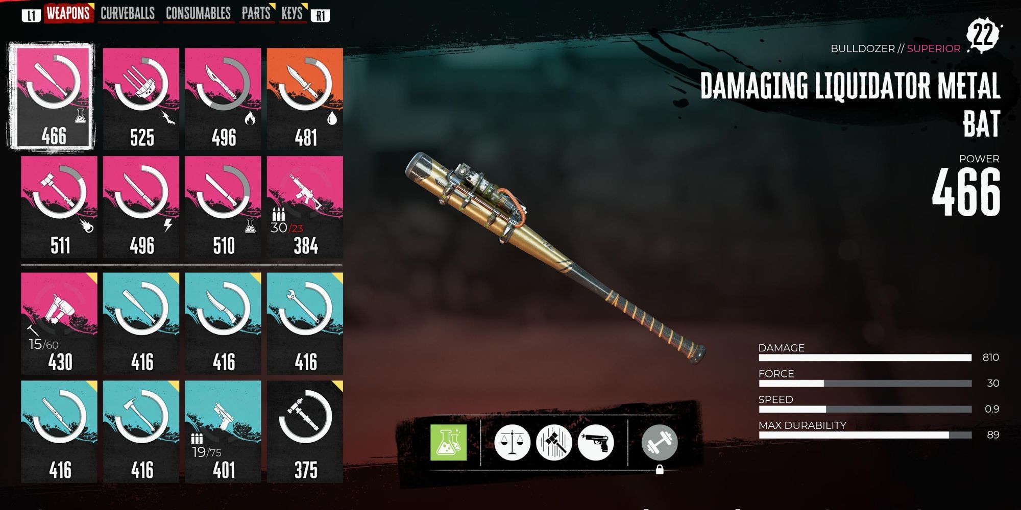 Metal Bat in the player's inventory in Dead Island 2