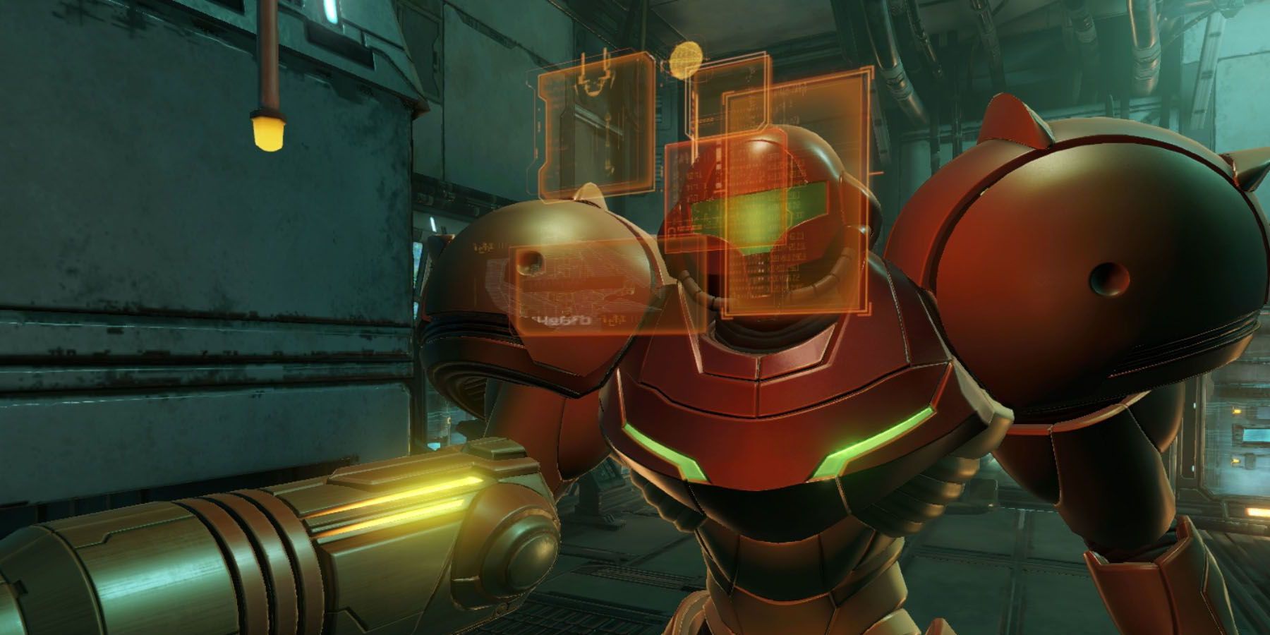 A screenshot of Samus Aran scanning data in a lab in Metroid Prime Remastered.