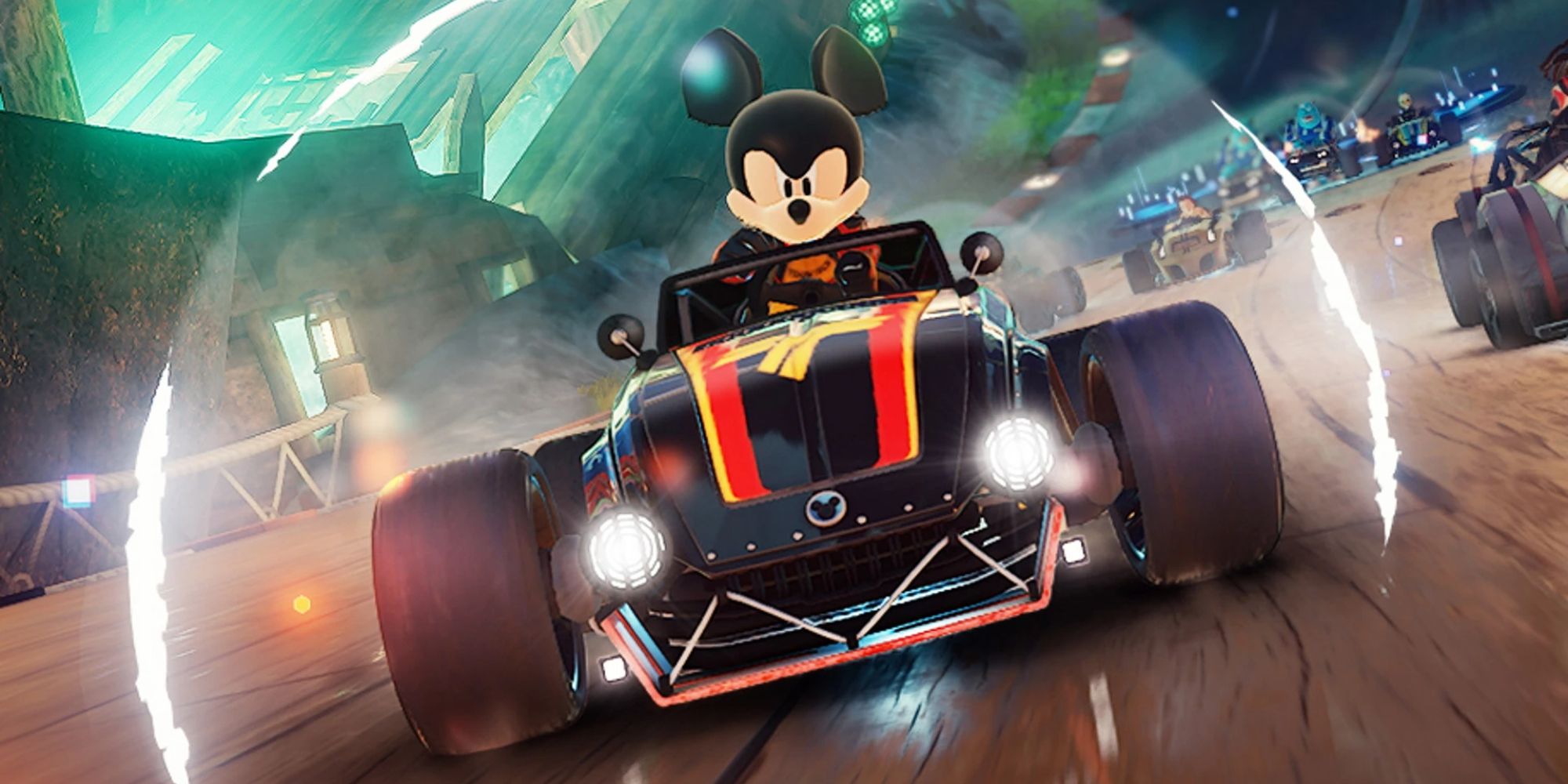 Mickey Mouse driving a black kart with a protective bubble in Disney Speedstorm