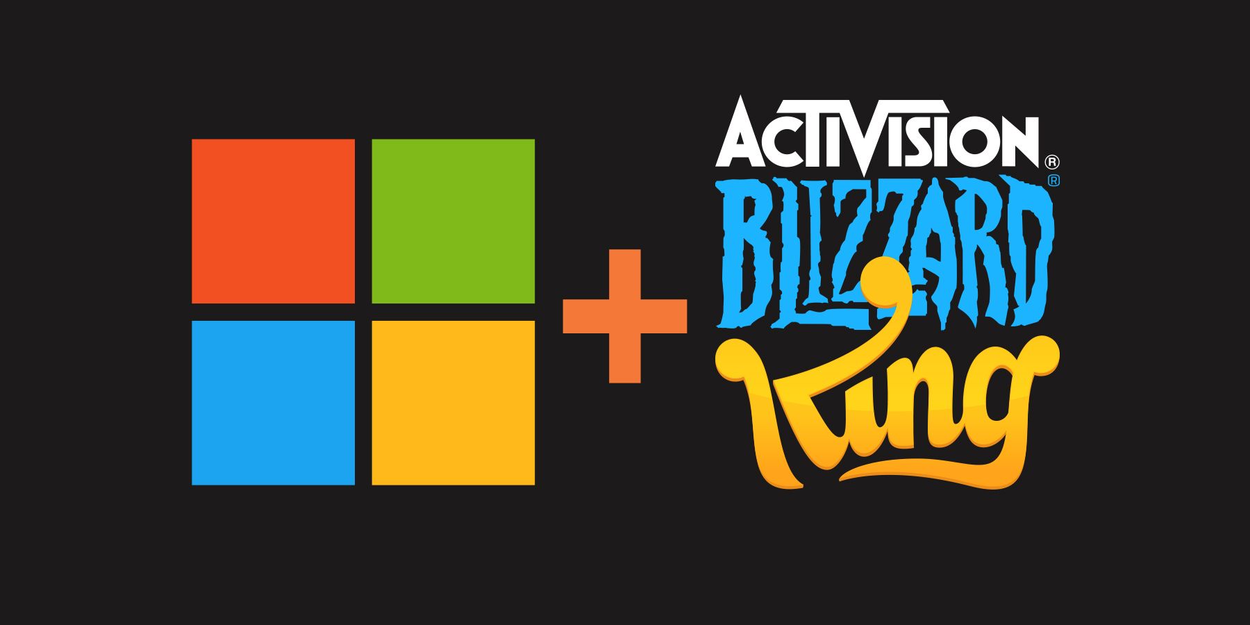 Microsoft plus Activision Blizzard King logos on Eerie Black background