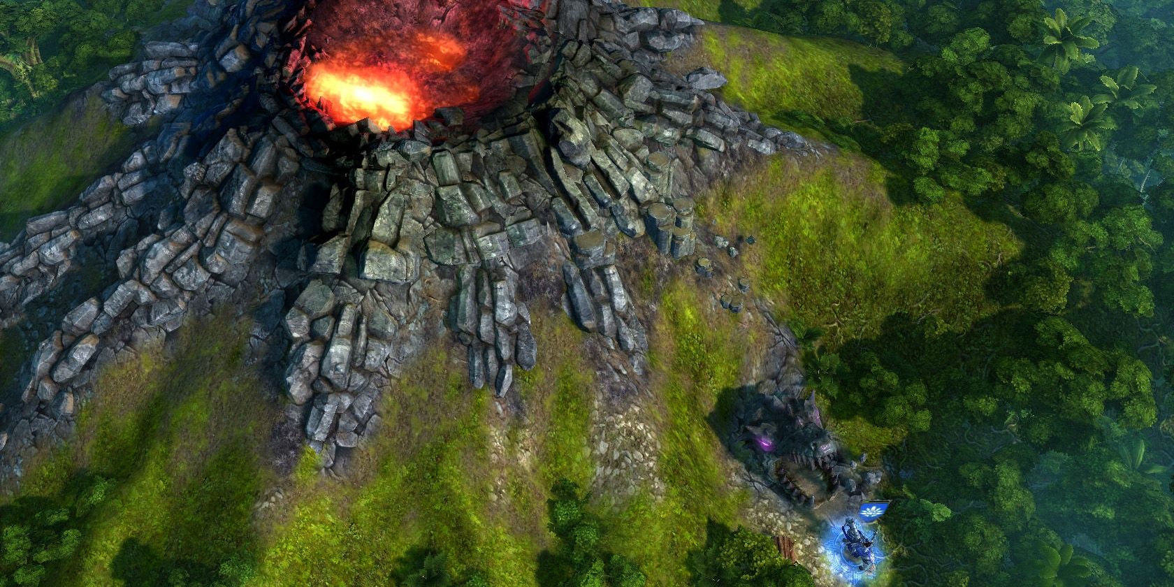 A player character facing a volcano in Might &  Magic Heroes 6