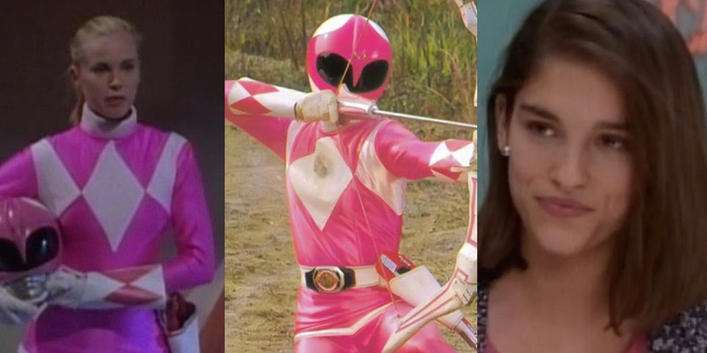 A split image features Kat, the Pink Ranger, and Kim in Mighty Morphin Power Rangers