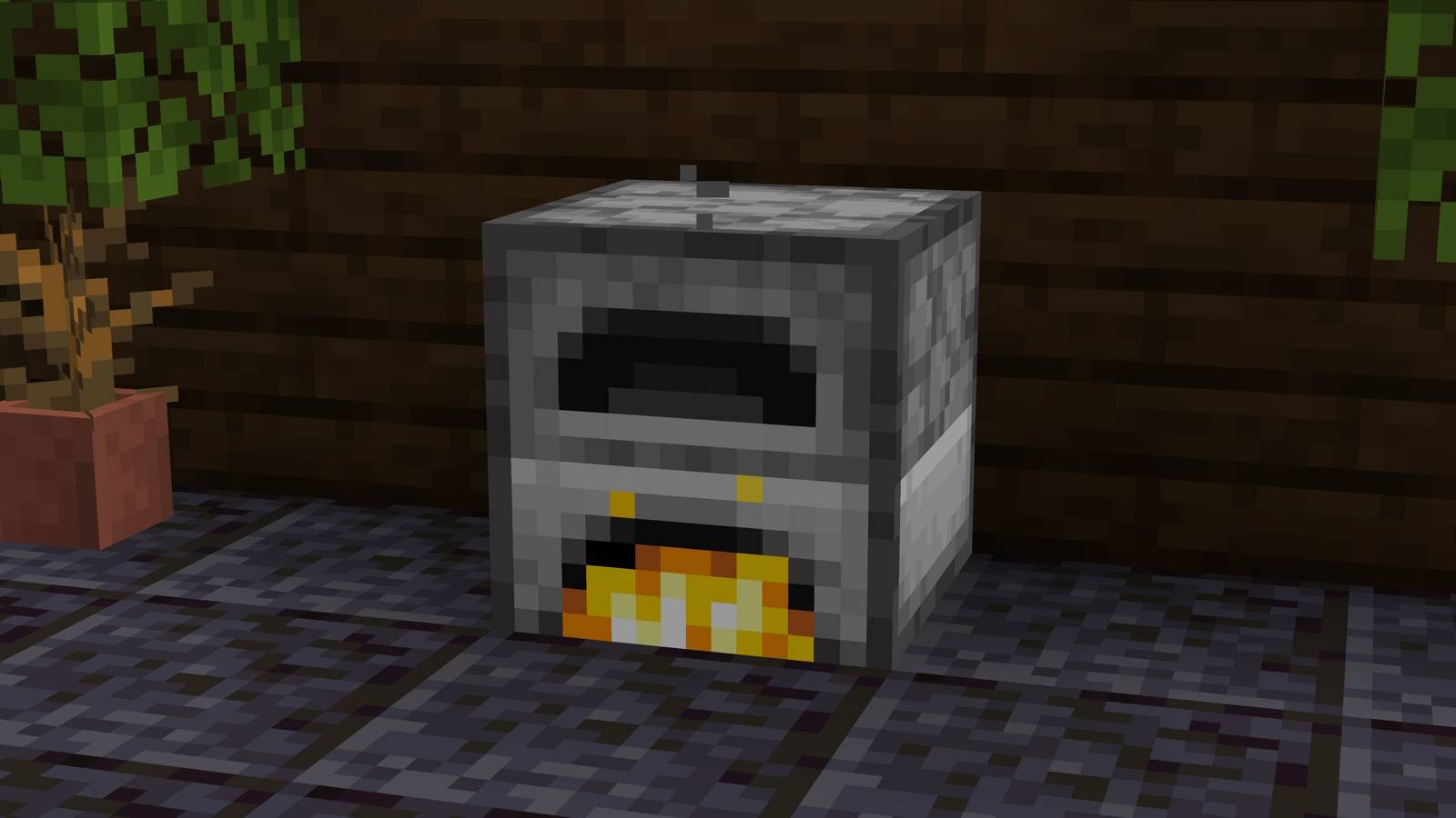 Screenshot of a furnace from Minecraft near potted plants