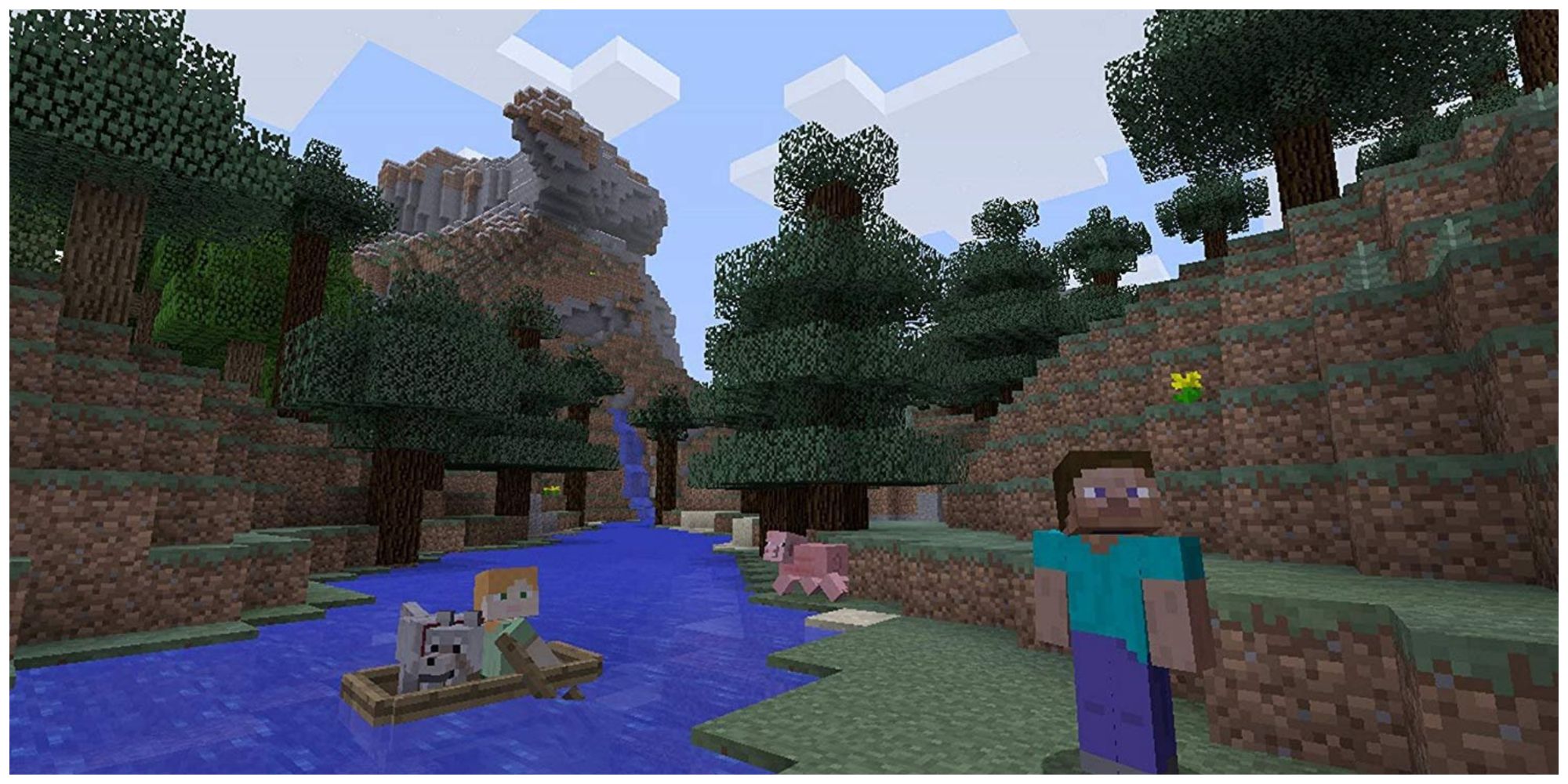 Minecraft characters, Steve and Alex and a dog