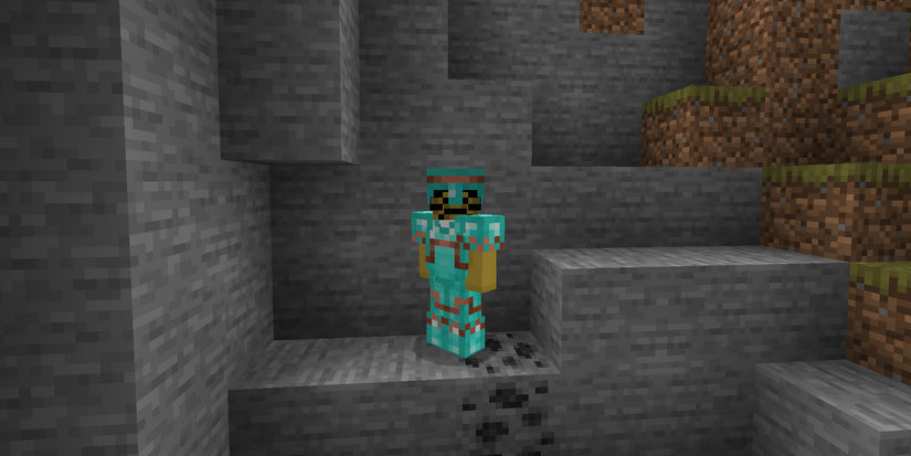 A Minecraft player wearing diamond armor with a copper trim