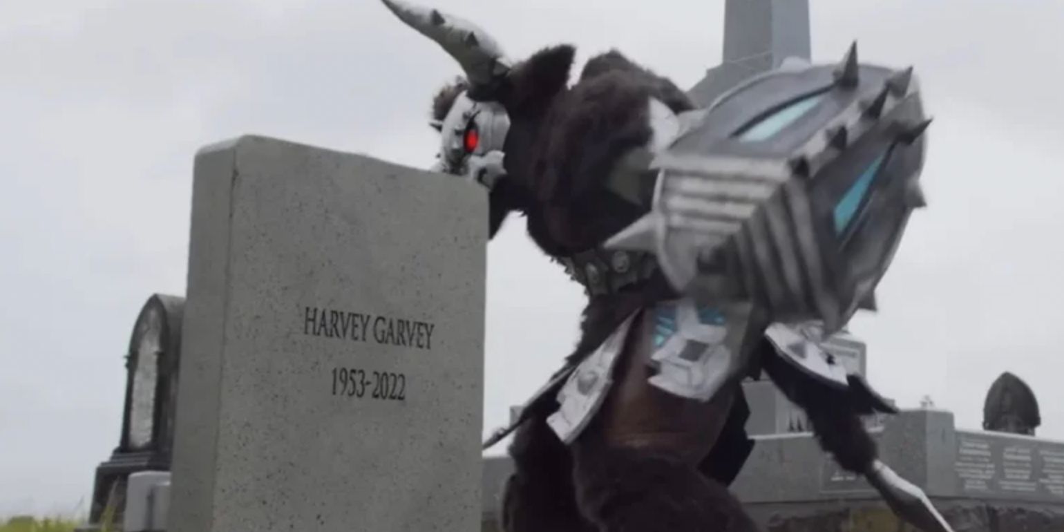 Minotaur about to destroy the headstone for Harvey Garvey in the cemetary in Power Rangers Once And Always