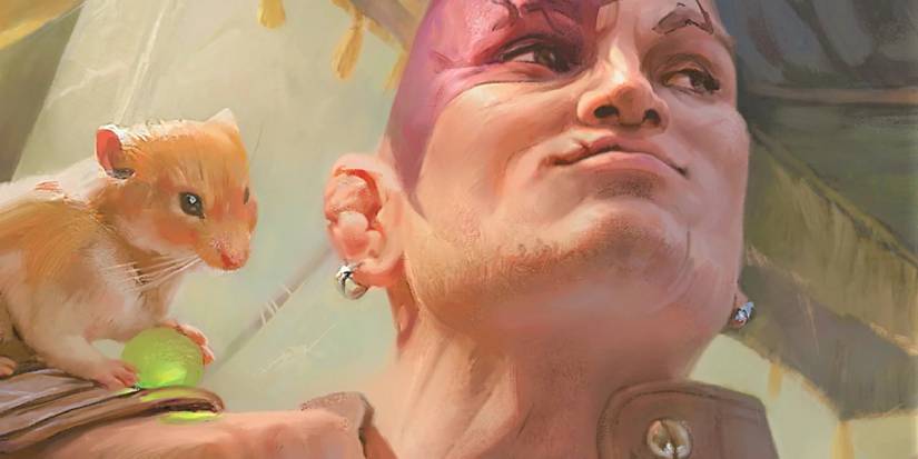 Close up of the human Minsc, accompanied by his hamster Boo.