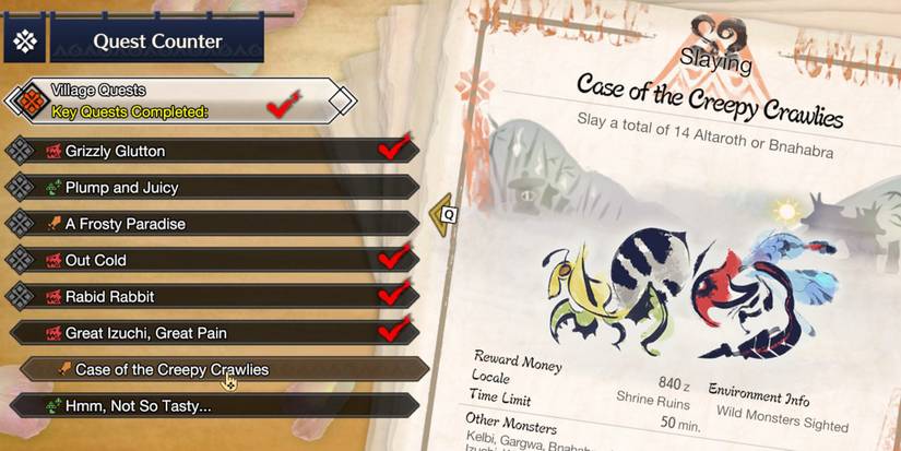 Monster Hunter Rise - Case Of The Creepy Crawlies Quest In-Menu
