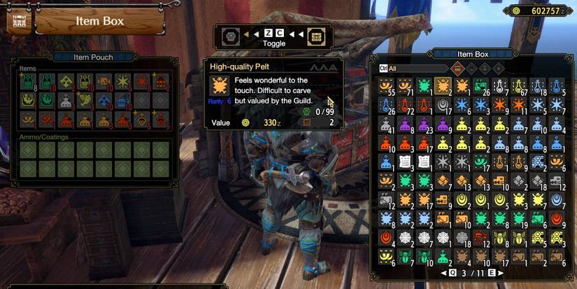 Monster Hunter Rise - Looking At High Quality Pelt In Item Box