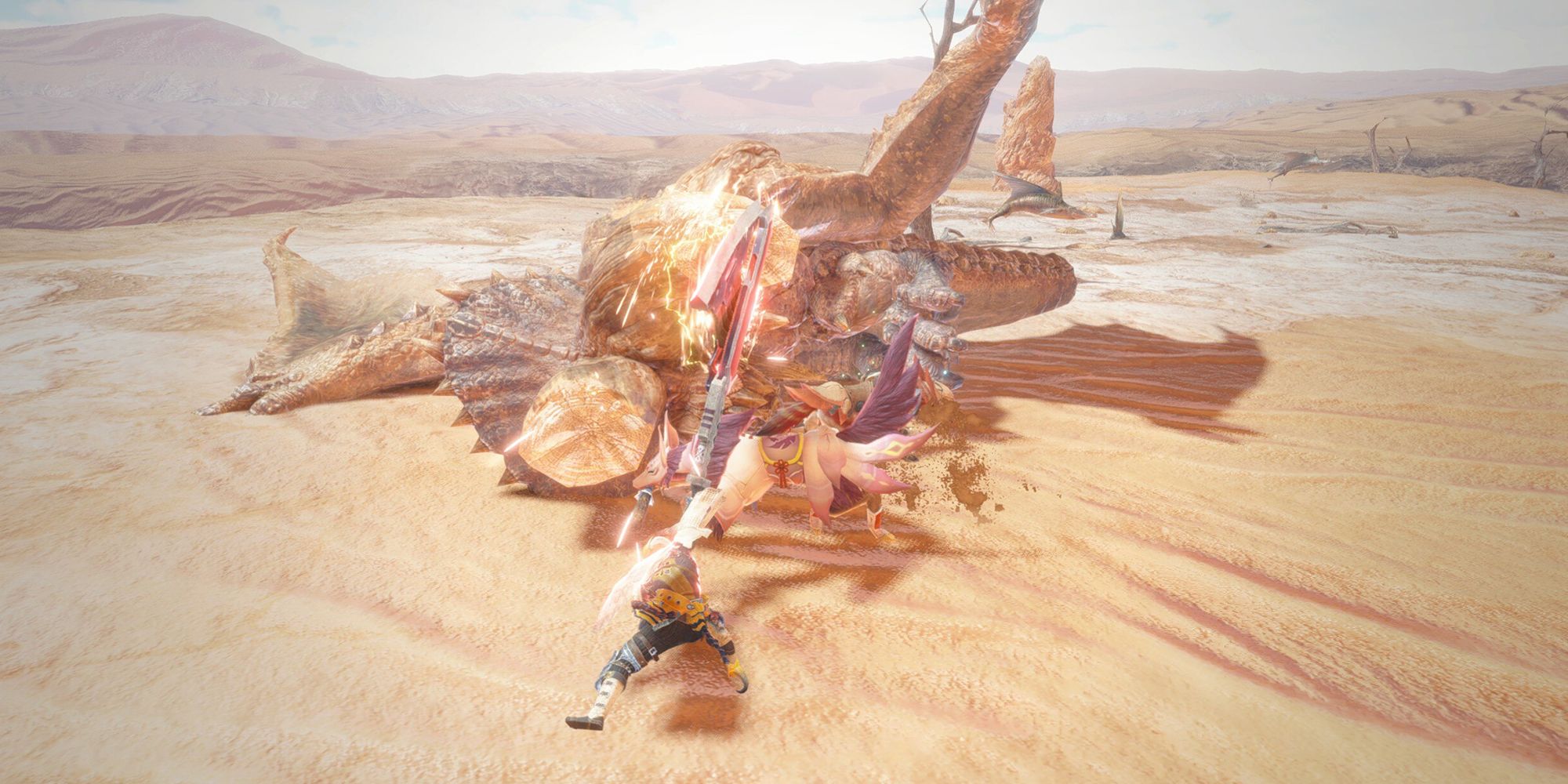 Monster Hunter Rise - Player Using Spinning Axe Charge Blade Against Toppled Diablos