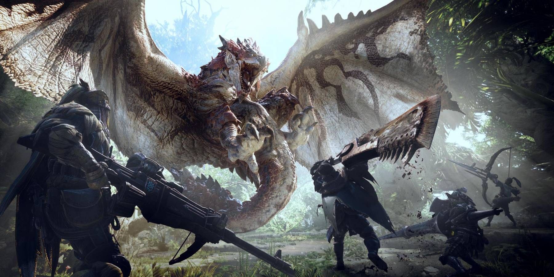 A team of hunters facing a Rathalos in art for Monster Hunter World