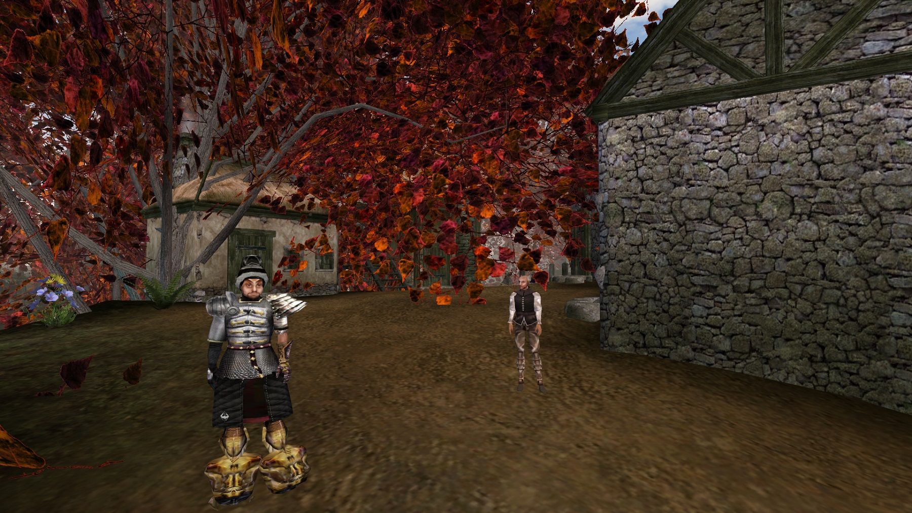 Image from Morrowind showing the village of Seyda Neen witha huge red train the middle.