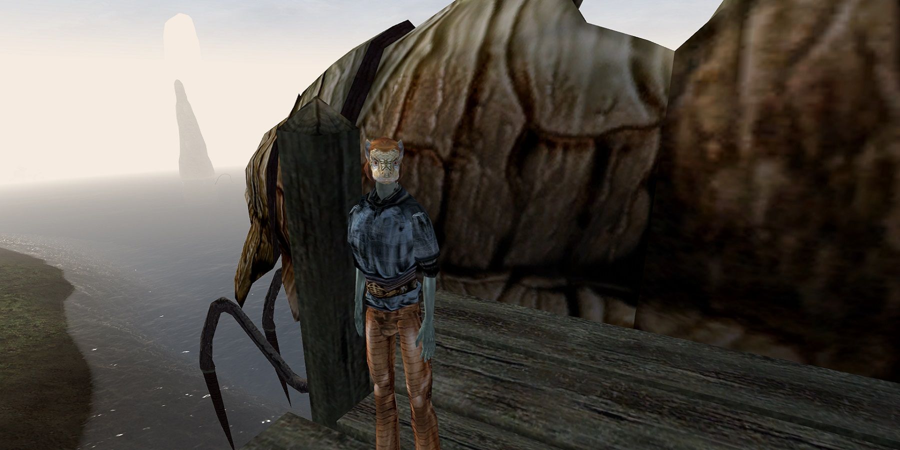 Image from a Morrowind mod showing an Argonian stood in front of a Silt Strider.