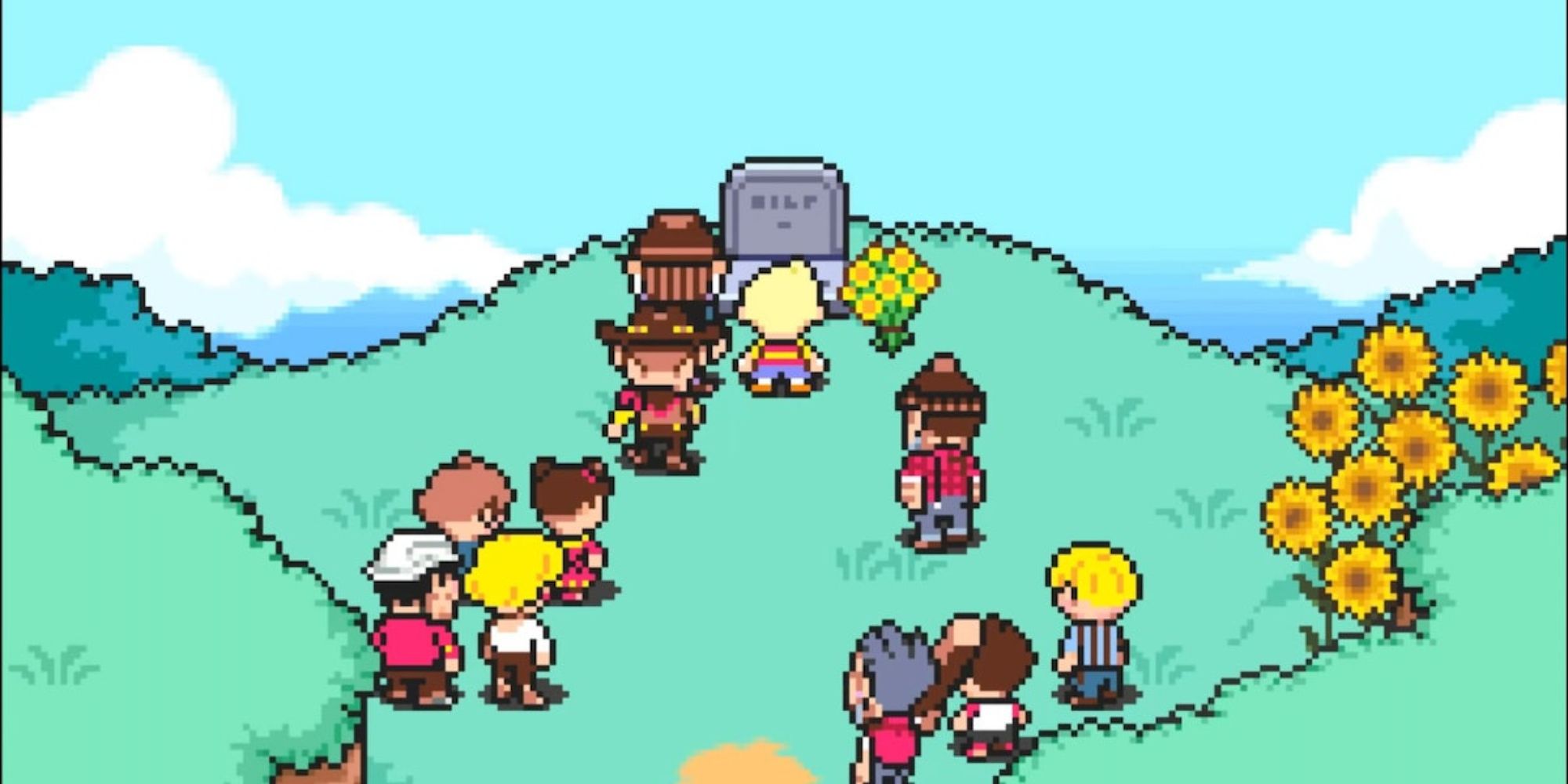 Lucas and others gathered at a tomb in Mother 3