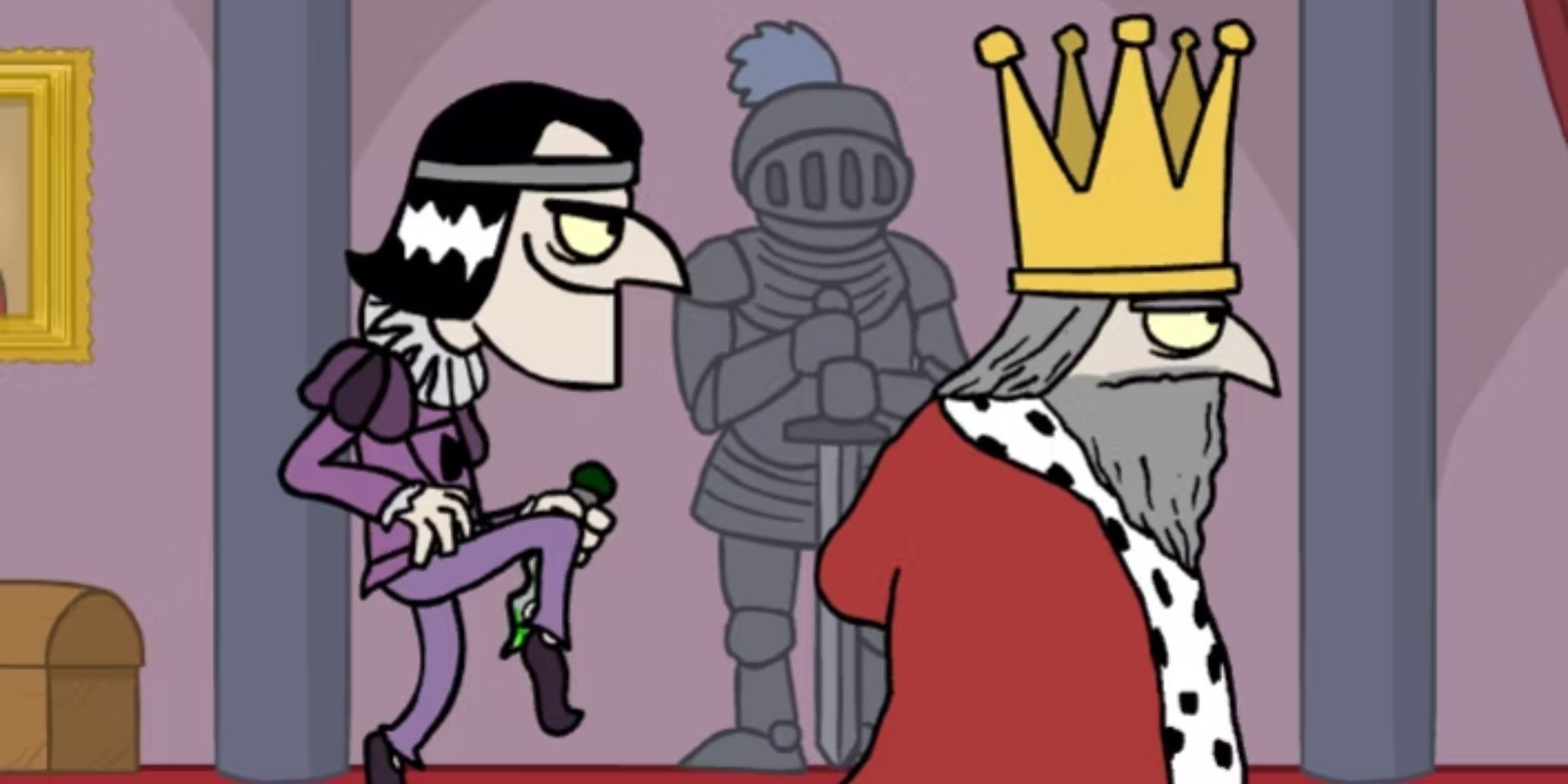 Murder Game king and assasin in purple walking through a hallway