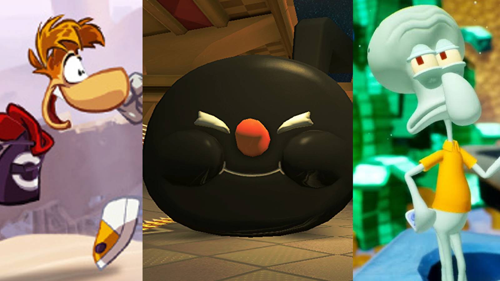 Rayman running; a giant music note smiling; Squidward rolling his eyes