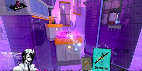The player deploying a rocket launcher while moving through a Neon White level