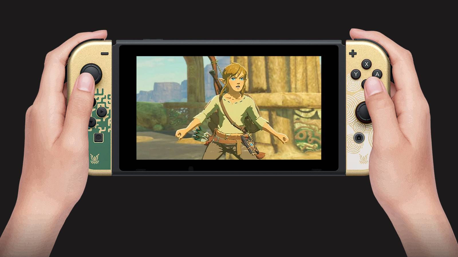 Nintendo Switch Zelda Tears of the Kingdom OLED Edition with shocked Link