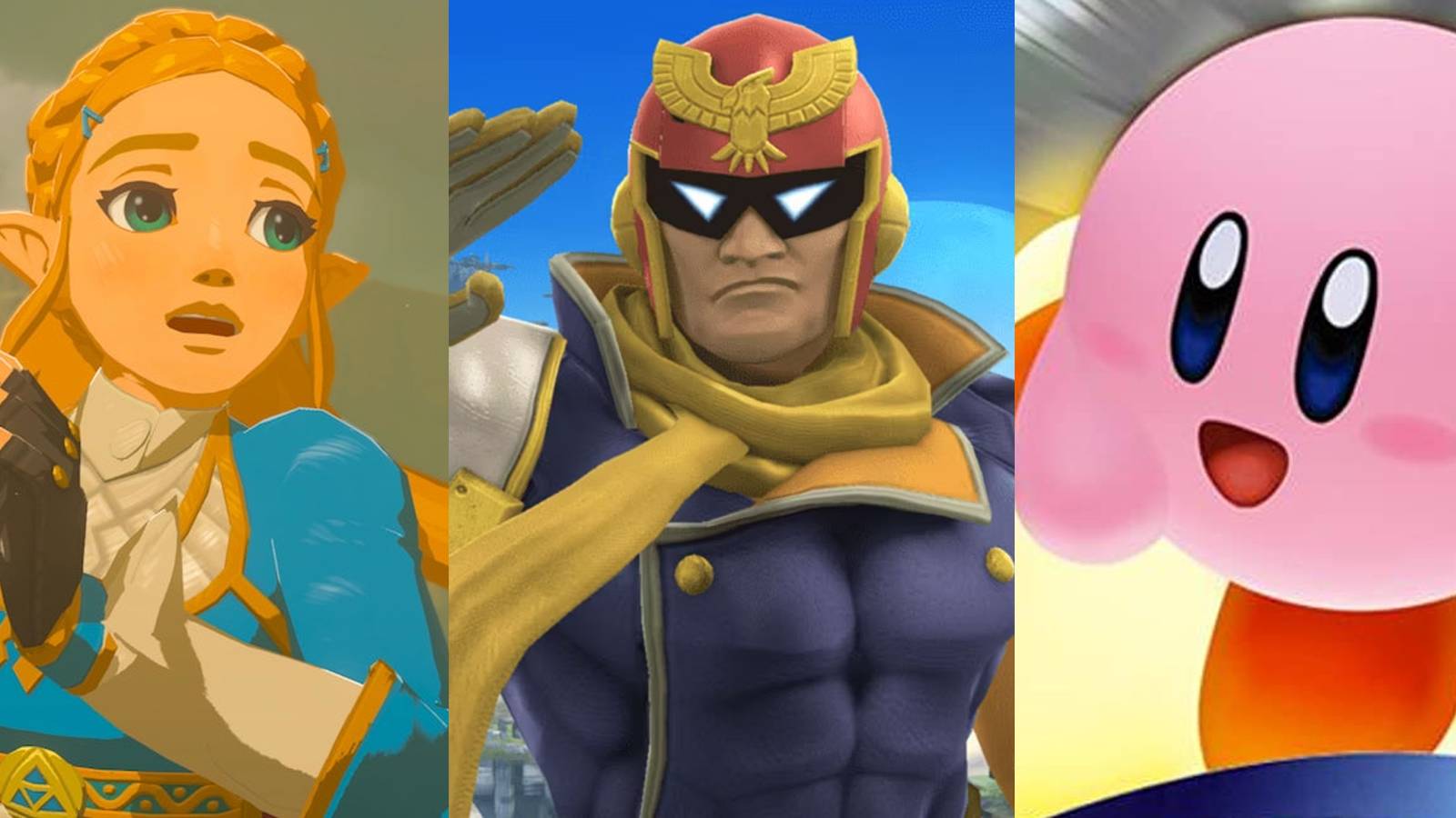 Zelda running; Captain Falcon saluting; Kirby riding a Warp Star