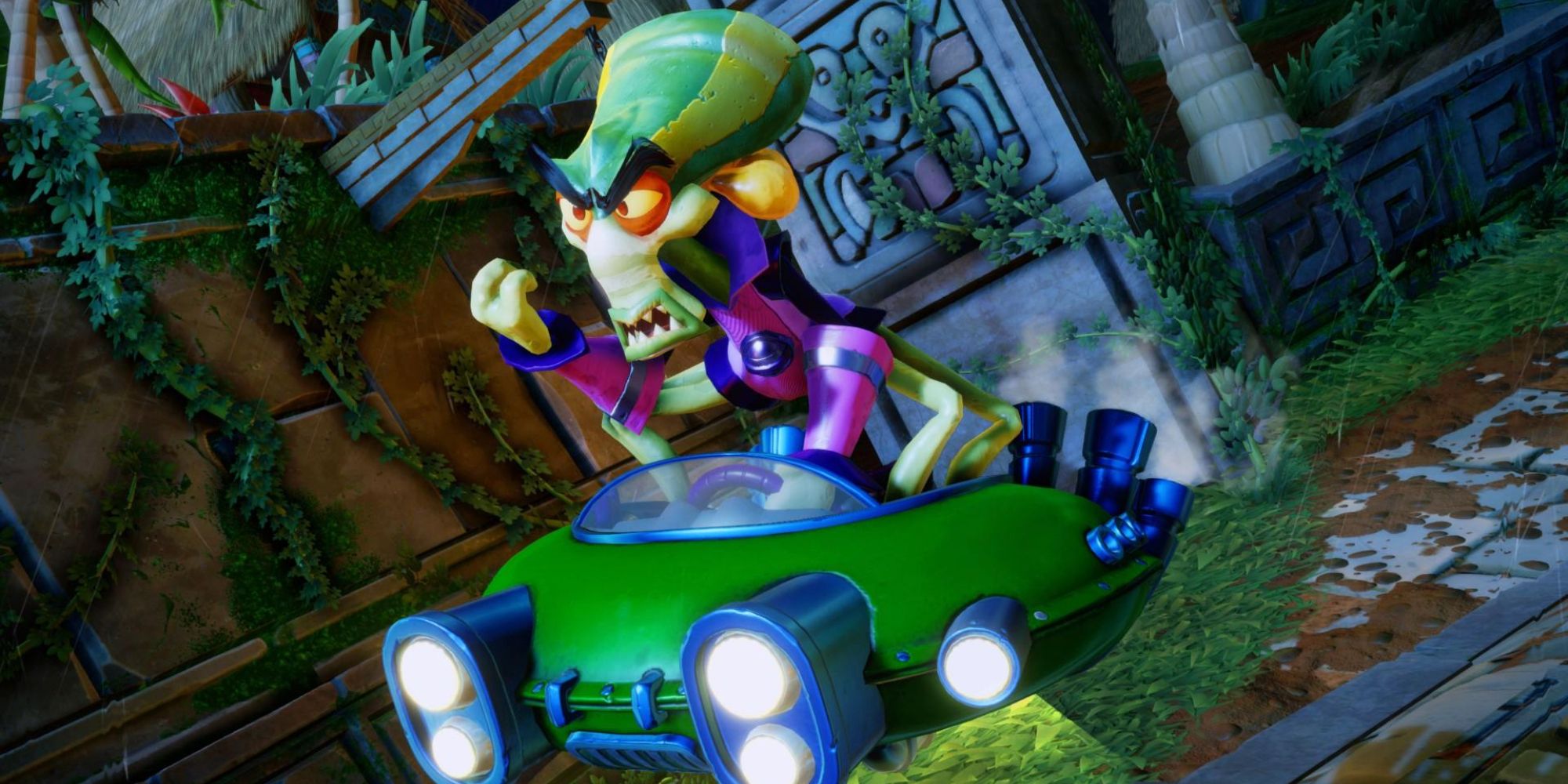 Nitros Oxide from the Crash Bandicoot series driving a green car