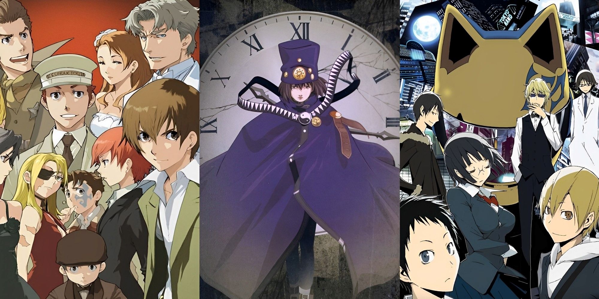 Characters from Baccano!, Boogiepop Phantom, and Durarara!! side by side