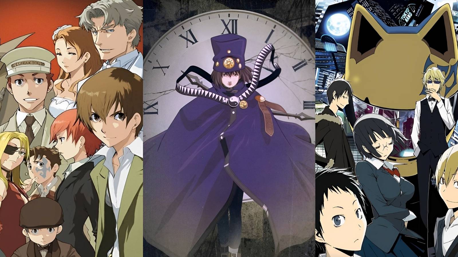 Characters from Baccano!, Boogiepop Phantom, and Durarara!! side by side
