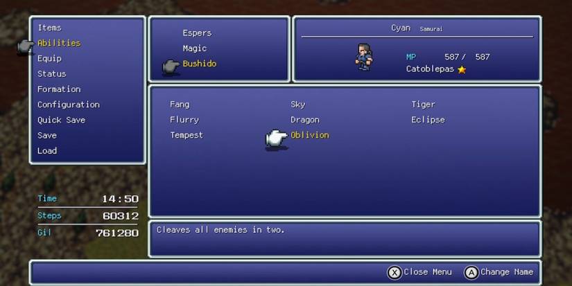 Oblivion, Cyan’s ability in Final Fantasy 6