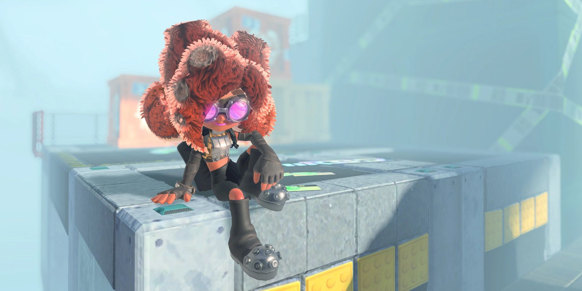 An Octoling sitting on a building