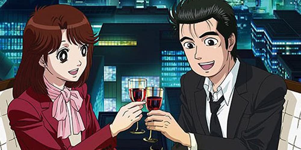 Two characters drinking wine in Oishinbo