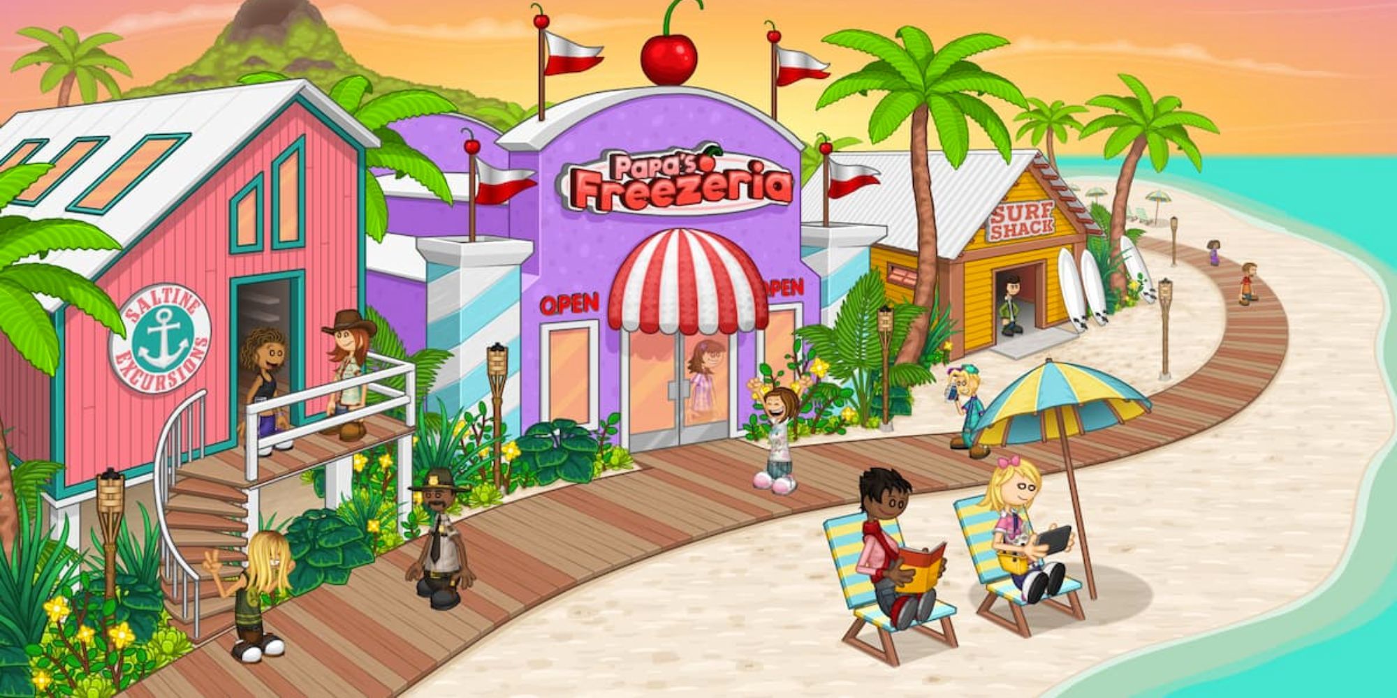 Papas Freezeria game, beachside boardwalk with shops and loungers