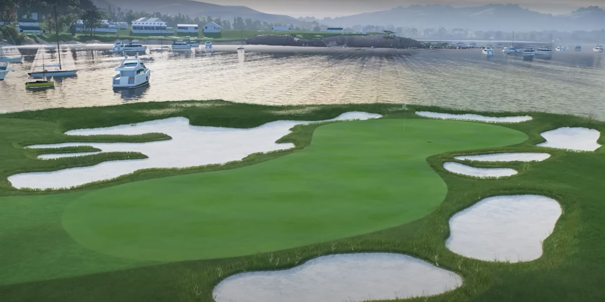 The iconic hourglass-shaped green at hole 17 of Pebble Beach in EA Sports PGA Tour