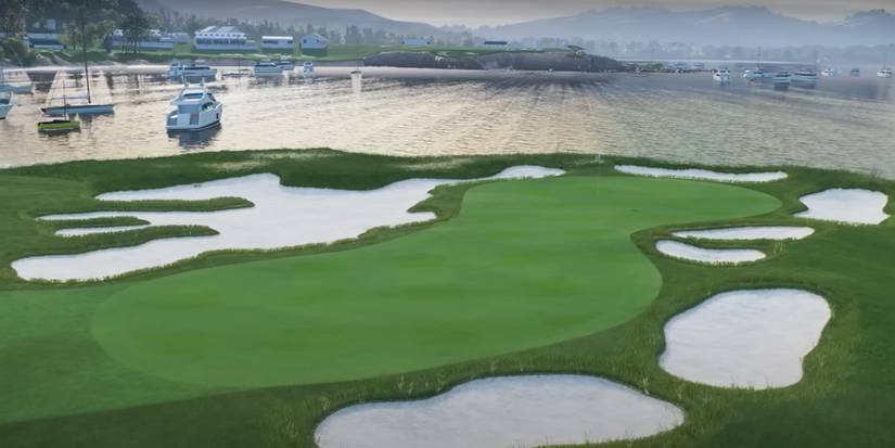 The iconic hourglass-shaped green at hole 17 of Pebble Beach in EA Sports PGA Tour