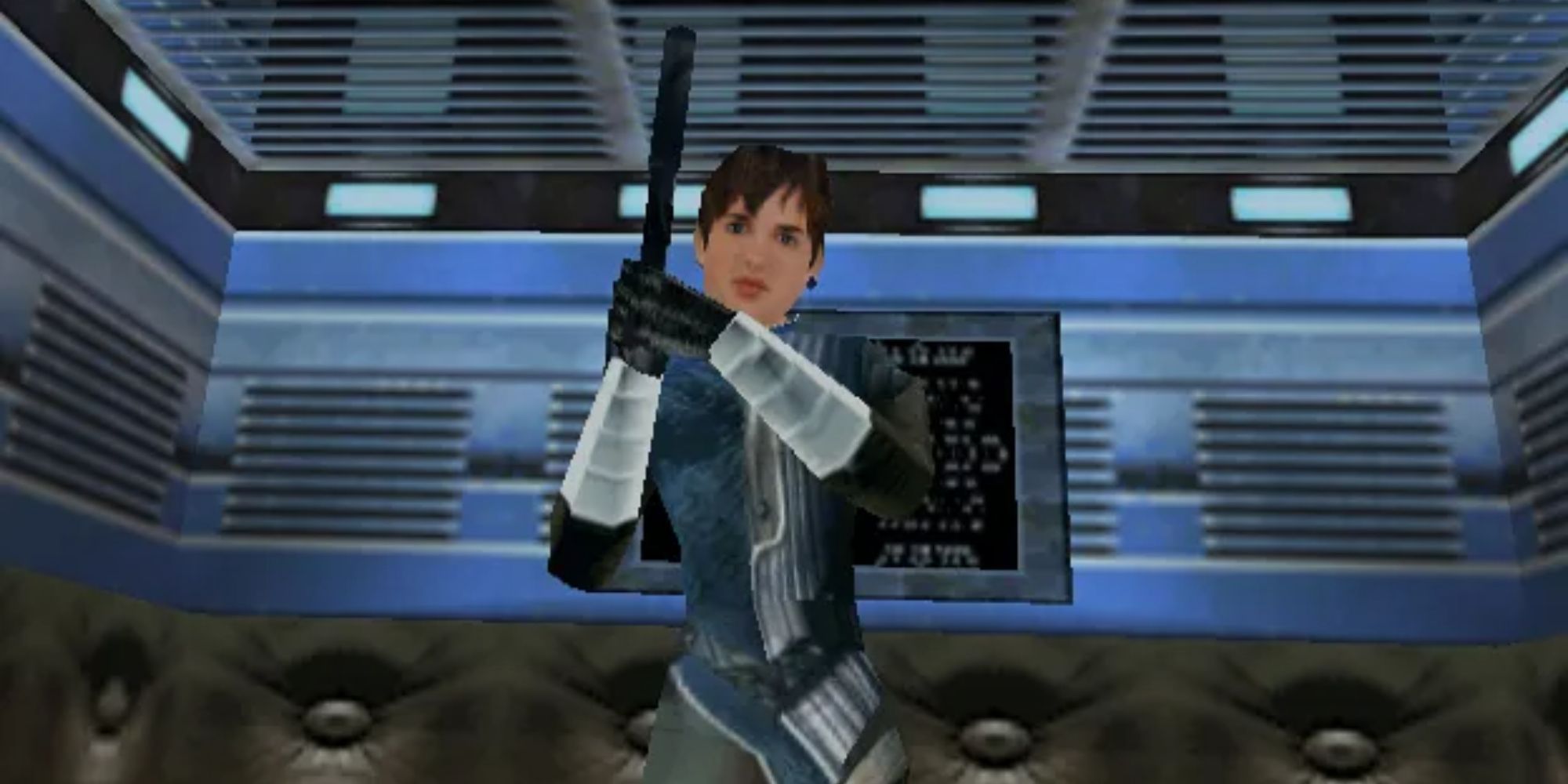 Joanna Dark holding a silenced gun