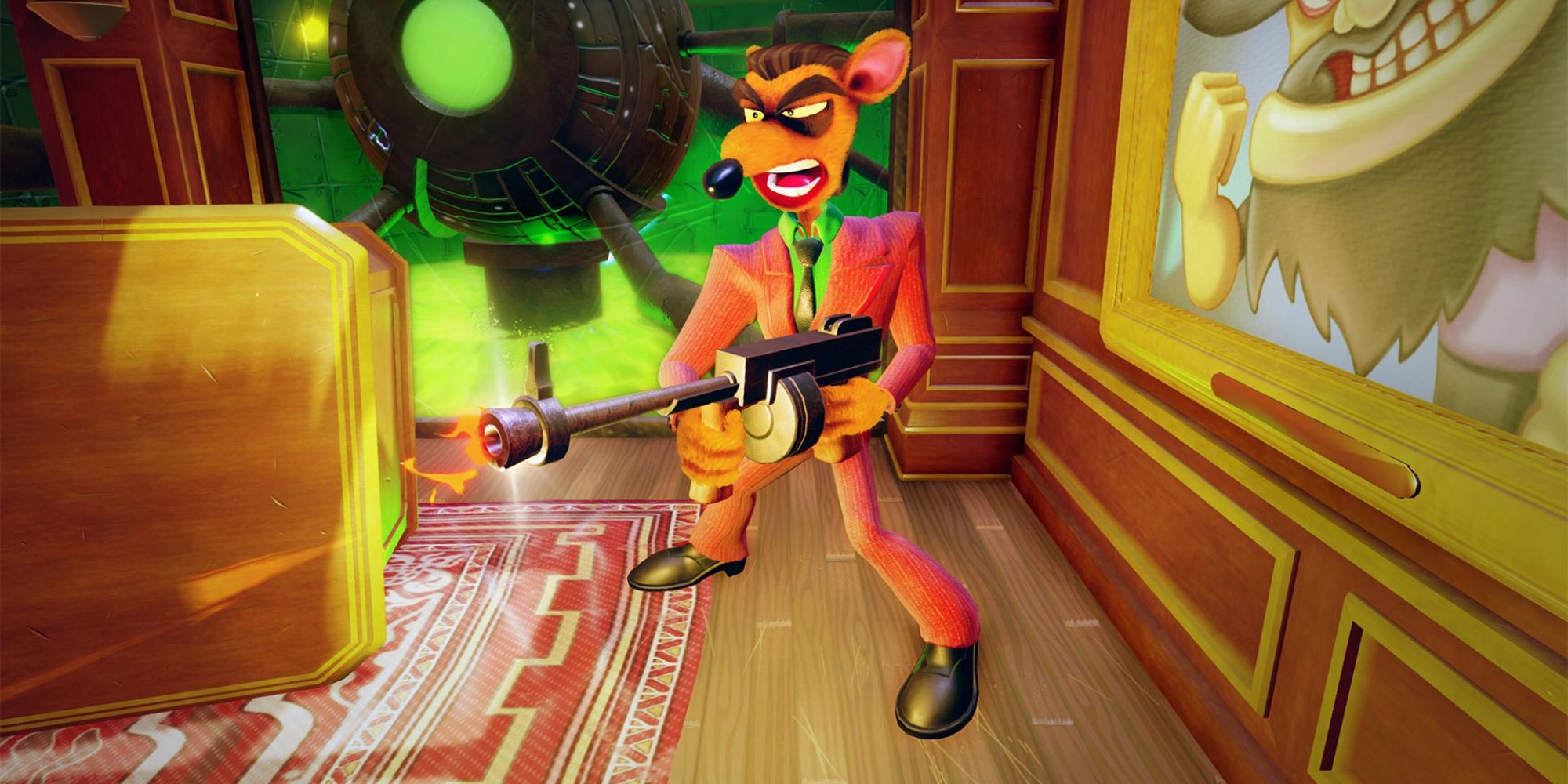 Pinstripe Potoroo from the Crash Bandicoot series in a pink suit carrying a machine gun