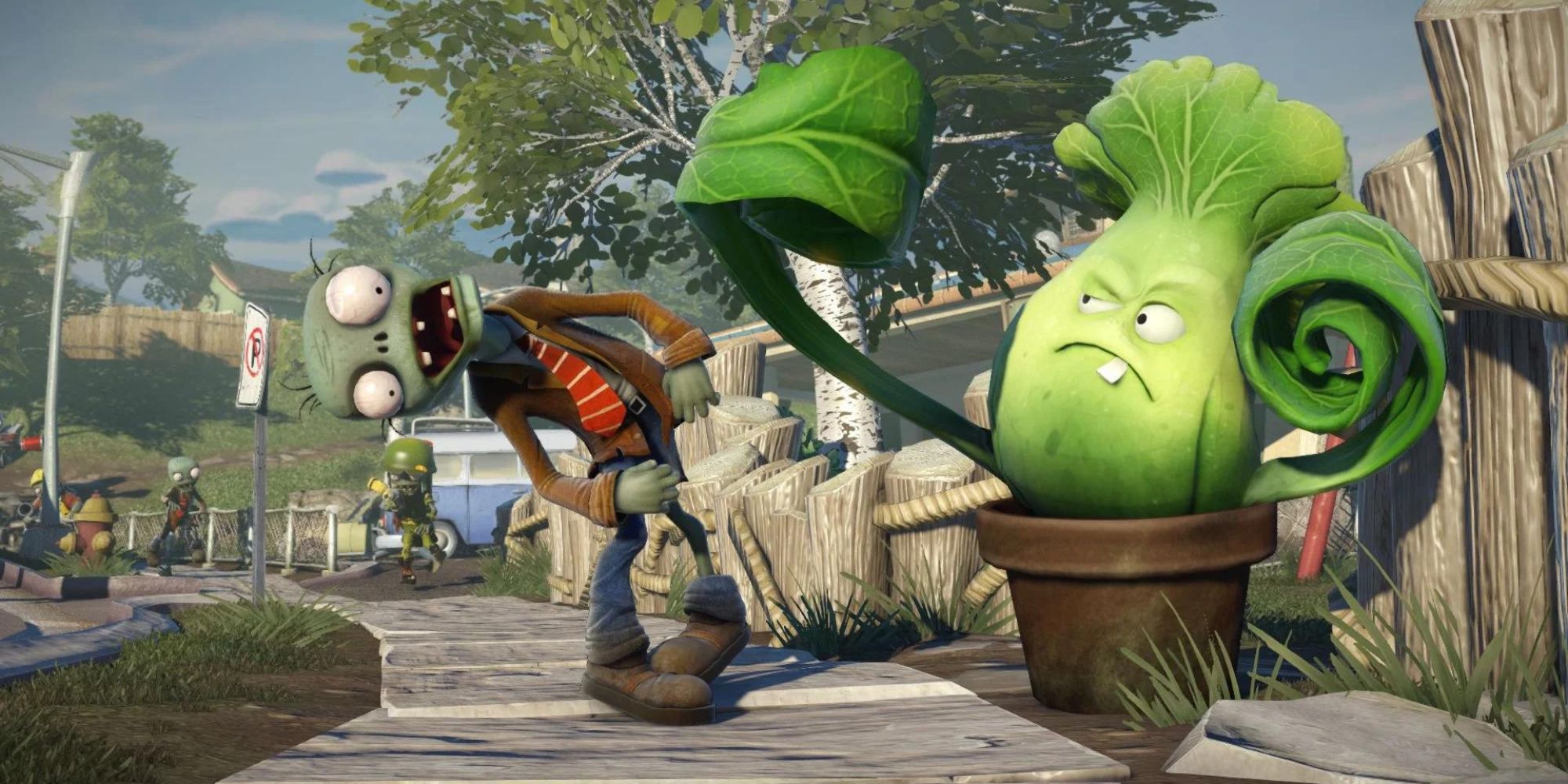 A zombie getting punched in Plants Vs Zombies Garden Warfare