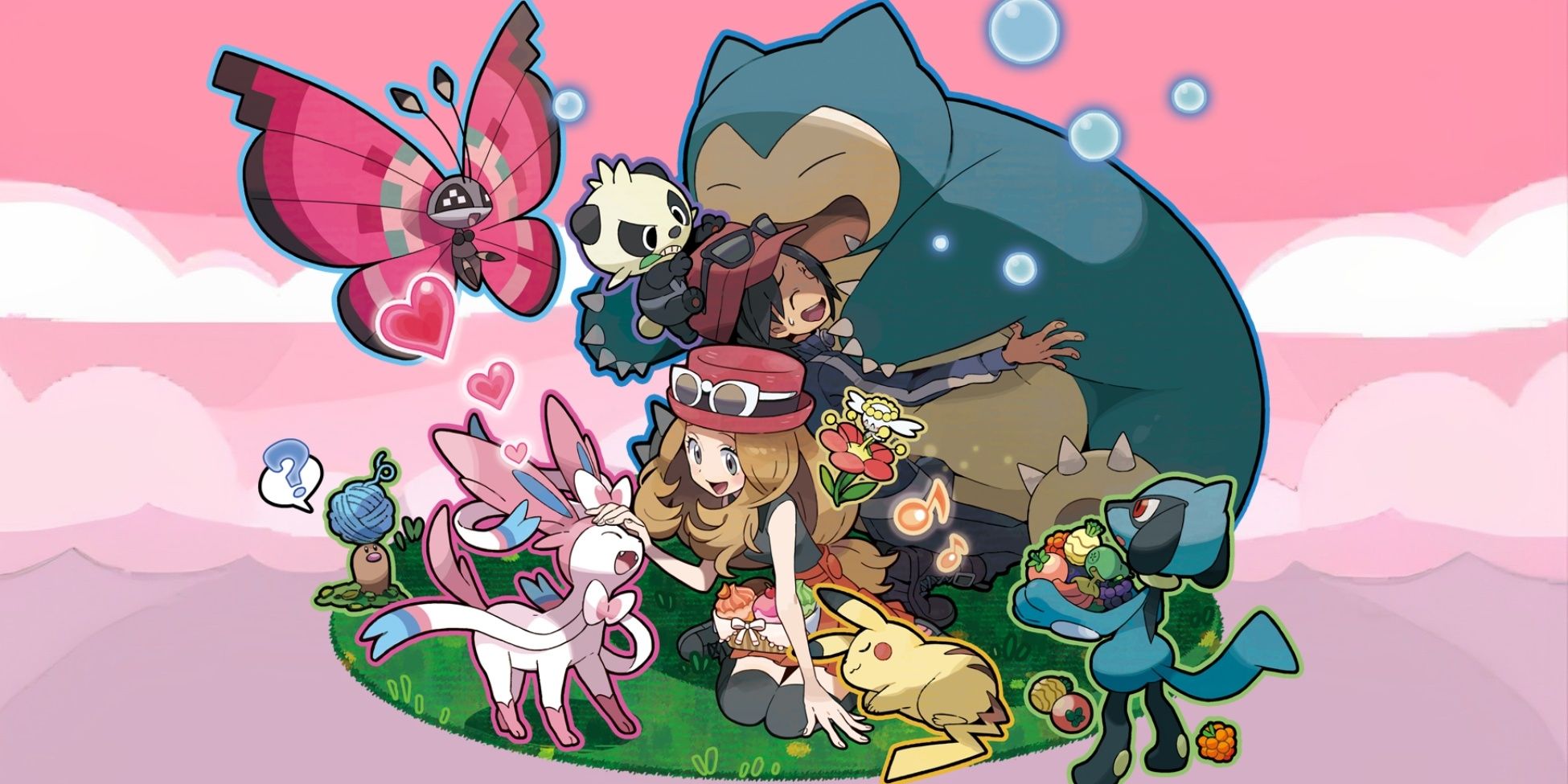 Serena and Calem playing with their pokemon in Poke Amie 