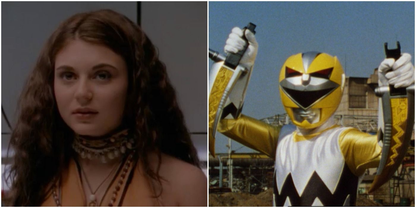 A split image features Maya the Yellow Ranger in Power Rangers Lost Galaxy